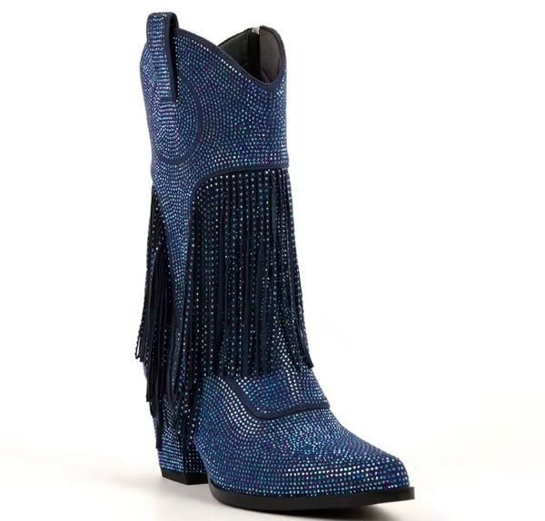 Women Fashion Blue Bling Fringe Tassel Western Boots