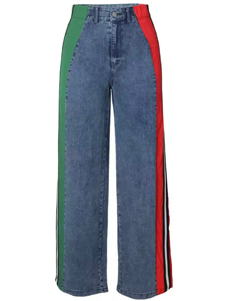 Women Fashion Color Patchwork Striped Denim Pants