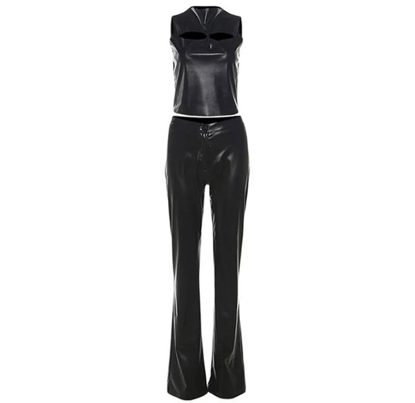 Women Sexy Fashion Faux Leather Sleeveless Two Piece Pant Set