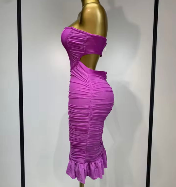 Women Sexy Strapless Open Back Ruched Ruffled Dress