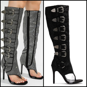 Women Fashion Open Toe Bling Buckled Knee High Boots