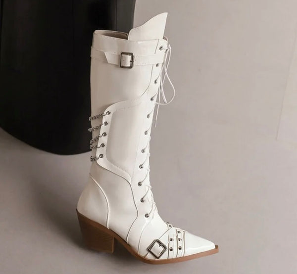 Women Fashion Pointed Toe Buckled Chain Lace Up Knee High Boots