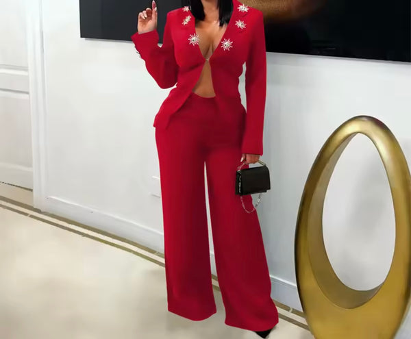 Women Sexy Color Full Sleeve Blazer Two Piece Pant Set