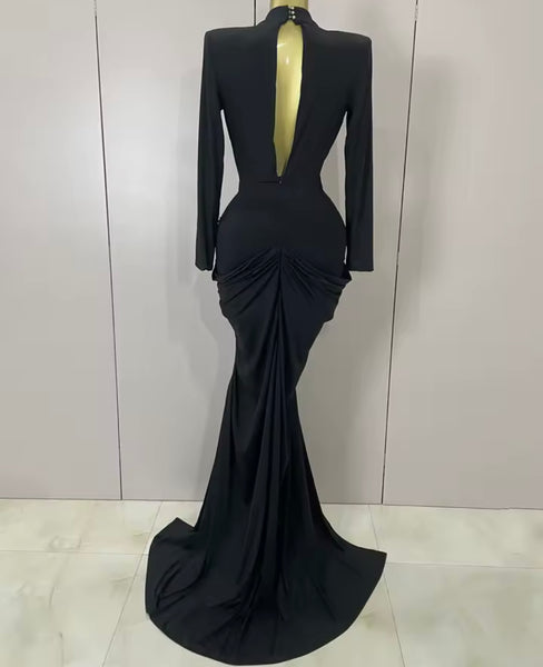 Women Sexy Black Deep V-Neck Full Sleeve Bling Maxi Dress