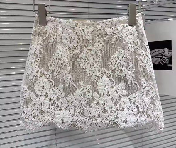 Women White Lace Button Up Full Sleeve Two Piece Skirt Set