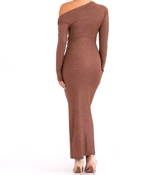 Women Sexy Sparkle One Shoulder Full Sleeve Maxi Dress