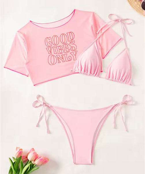 Women Pink Sexy Bikini Letter Print Mesh Cover Up Set