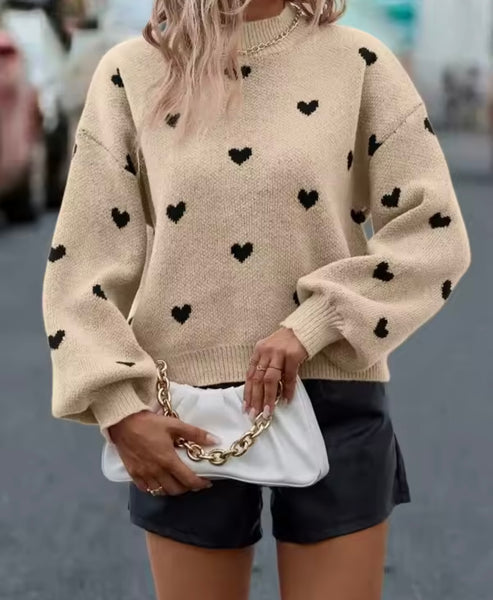 Women Color Heart Print Fashion Sweater Top