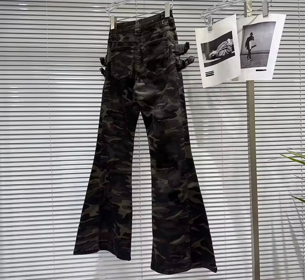 Women Fashion Camouflage Buckle Denim Pants