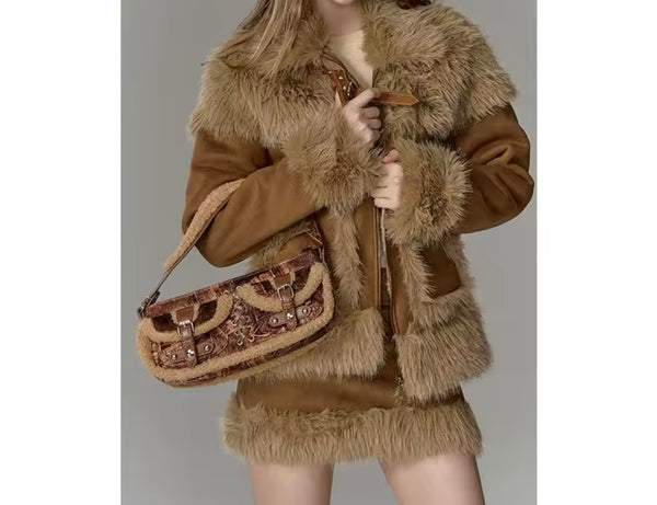 Women Fashion Fur Patchwork Suede Jacket Two Piece Skirt Set