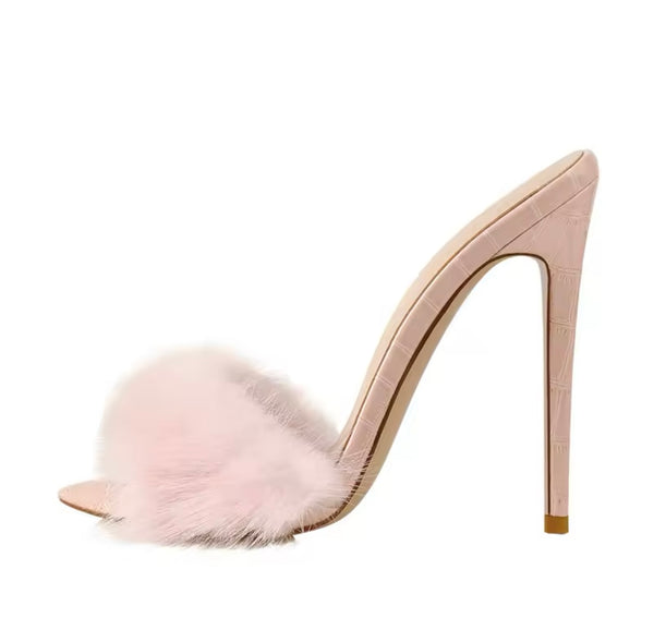 Women Color Open Pointed Toe Fashion Faux Fur High Heel Sandals