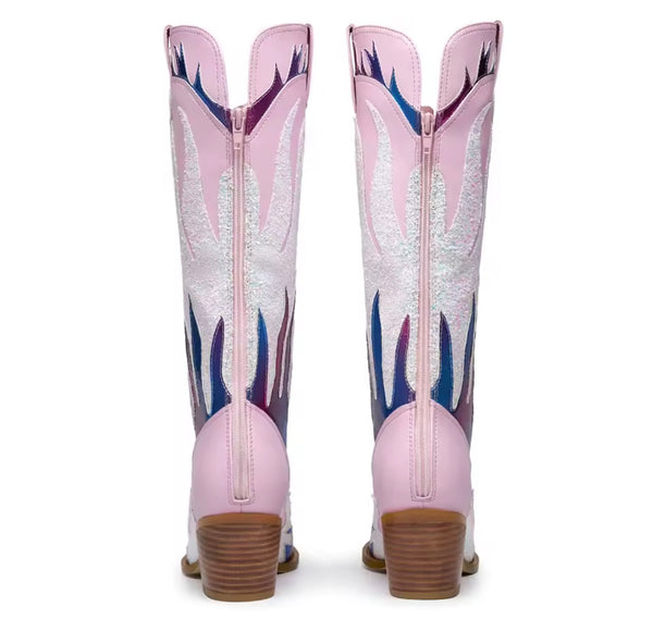 Women Fashion Pink Colorful Print Knee High Western Boots