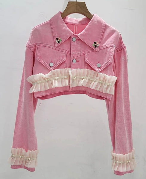 Women Fashion Ruffled Pearl Denim Crop Jacket