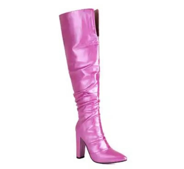 Women Pointed Toe Solid Color Fashion PU Knee High Boots