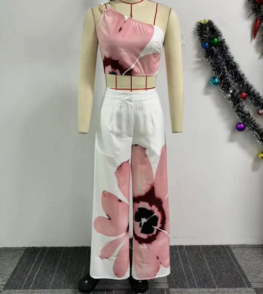 Women Sexy One Shoulder Sleeveless Crop Floral Two Piece Pant Set