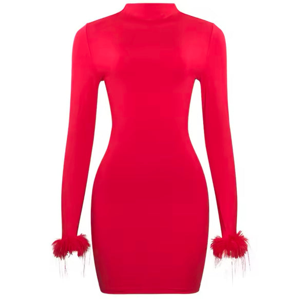 Women Sexy Solid Color Feather Full Sleeve Dress