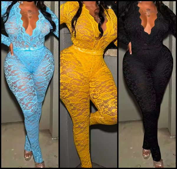 Women Sexy V-Neck Full Sleeve Bodysuit Two Piece Lace Pant Set