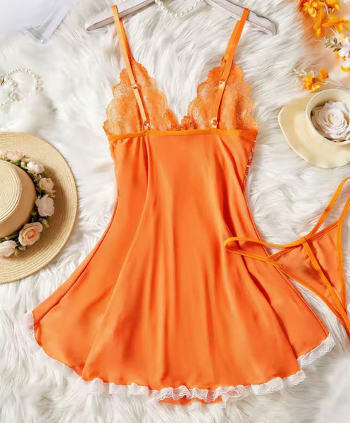 Women Sexy Orange Floral Lace Mesh Nightgown Lingerie Set