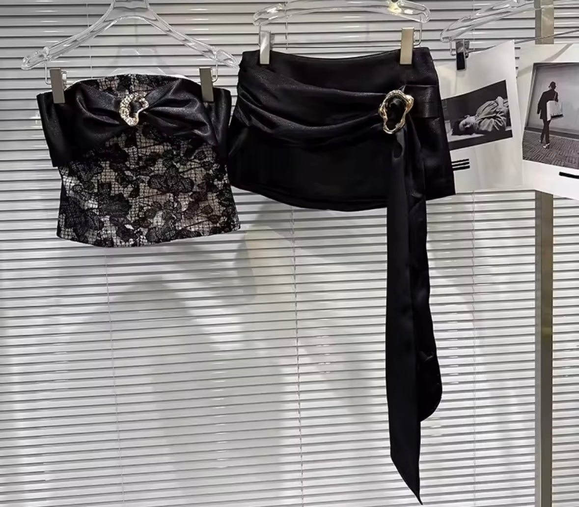 Women Sexy Black Lace Strapless Ribbon Two Piece Skirt Set