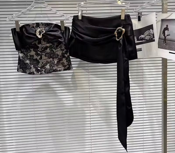Women Sexy Black Lace Strapless Ribbon Two Piece Skirt Set