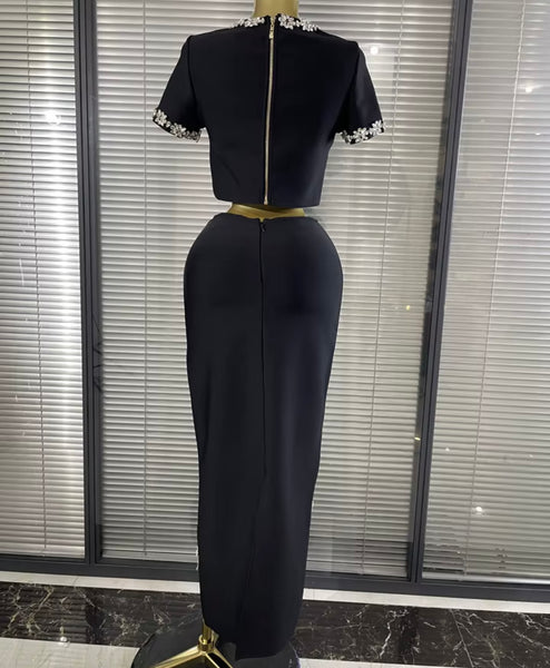 Women Rhinestone Short Sleeve Crop Two Piece Maxi Skirt Set