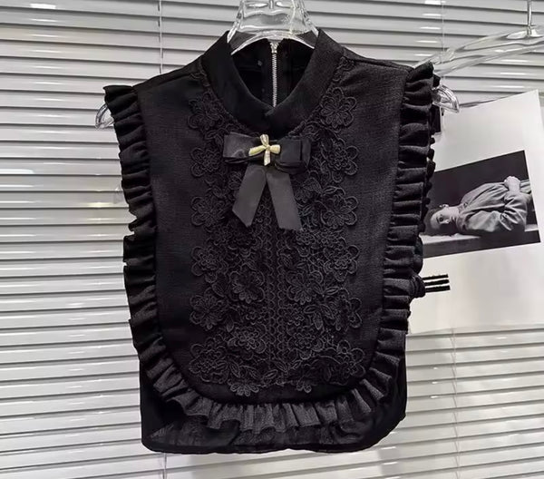 Women Black Pleated Lace Bow Sleeveless Two Piece Short Set