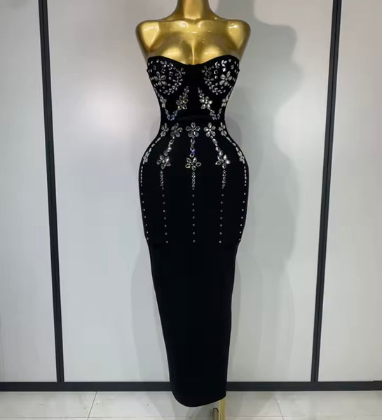 Women Sexy Black Strapless Floral Rhinestone Maxi Dress