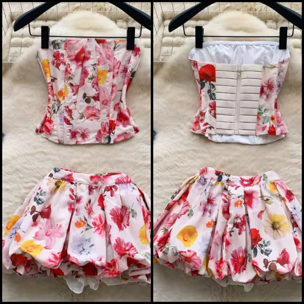 Women Sexy Colorful Floral Strapless Two Piece Skirt Set