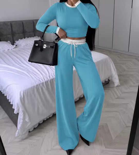 Women Fashion Color Patchwork Drawstring Two Piece Pant Set