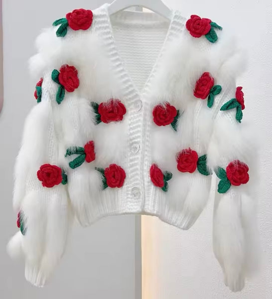 Women Fashion 3D Floral Furry Button Up Sweater Top