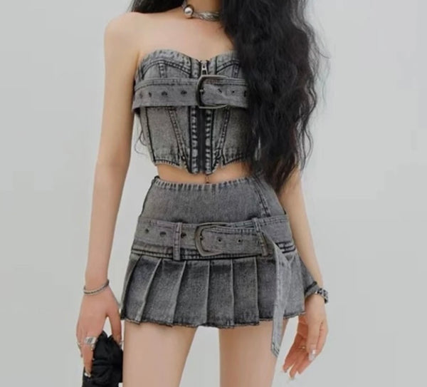 Women Sexy Fashion Strapless Buckled Denim Two Piece Pleated Skirt Set