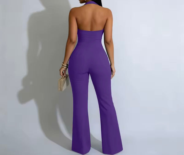 Women Sexy Button Cut Out Halter Sleeveless Jumpsuit