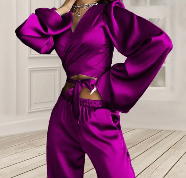 Women Sexy Solid Color Satin Full Sleeve Two Piece Pant Set