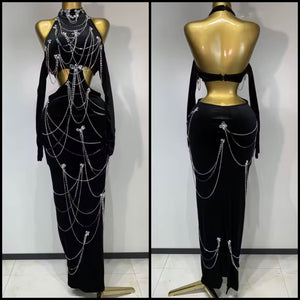 Women Black Sexy Chain Cut Out Open Back Velour Maxi Dress