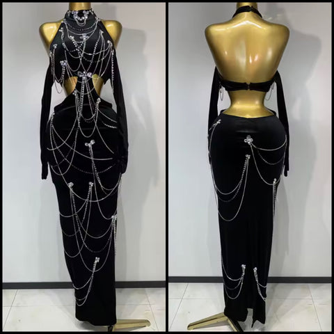 Women Black Sexy Chain Cut Out Open Back Velour Maxi Dress