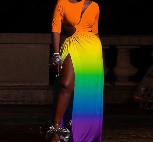 Women Sexy Cut Out Rainbow Maxi Dress