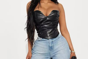 Women Sexy Fashion Strapless Faux Leather Crop Top