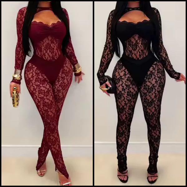 Women Sexy Cut Out Full Sleeve Lace Jumpsuit