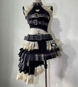 Women Sleeveless Buckled Ruffle Color Patchwork Two Piece Skirt Set