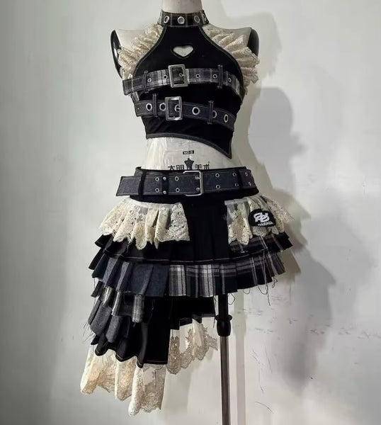 Women Sleeveless Buckled Ruffle Color Patchwork Two Piece Skirt Set