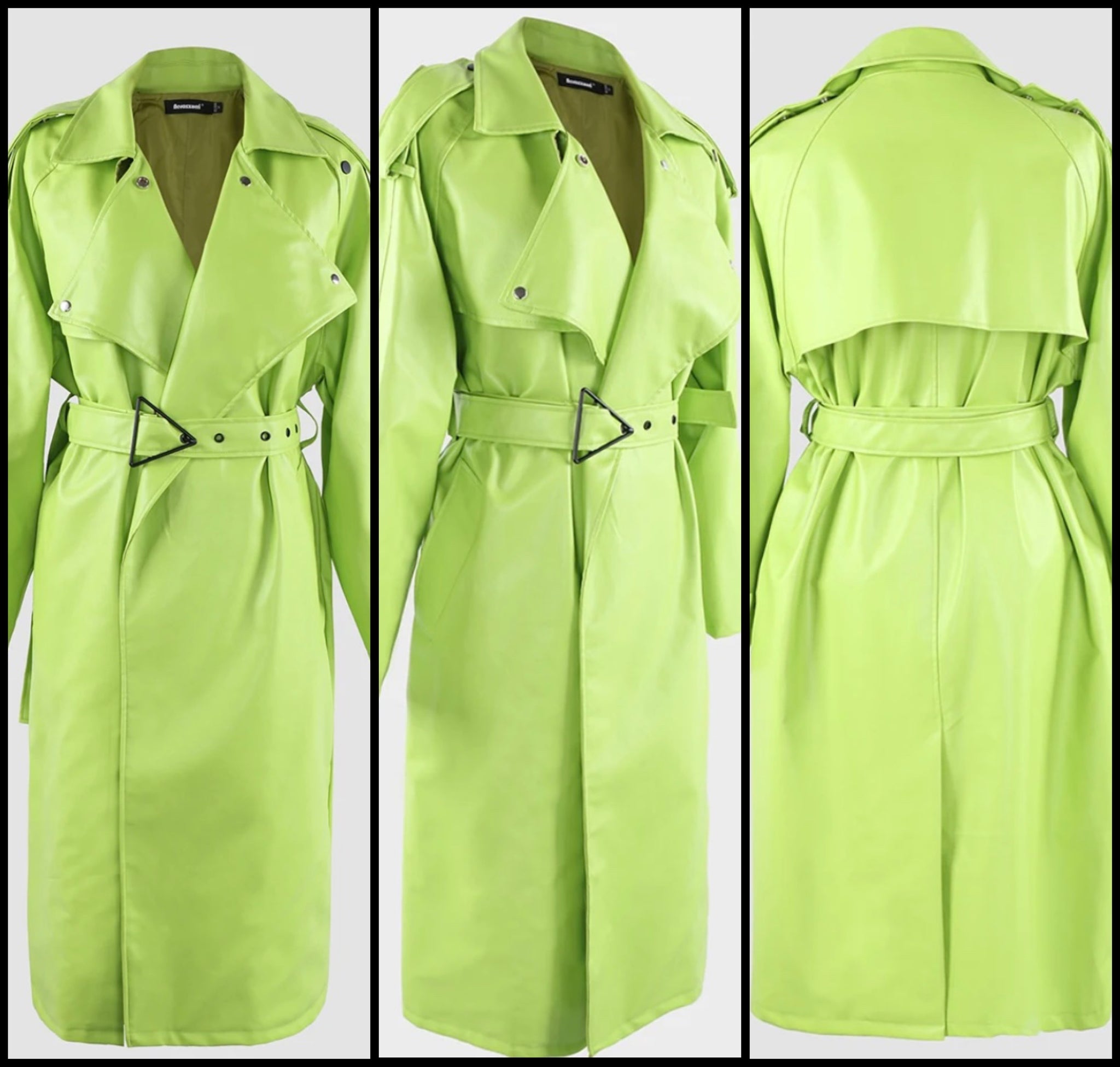 Women Fashion Faux Leather Green Belted Trench Jacket