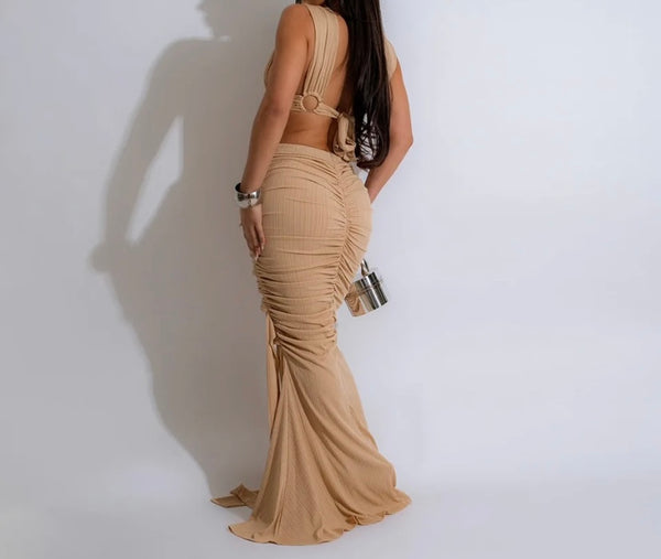 Women Sexy Sleeveless Mesh Lace Up Open Back Maxi Dress