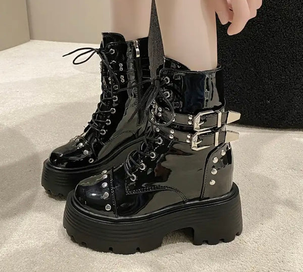 Women Fashion Platform Patent Leather Buckled Ankle Boots