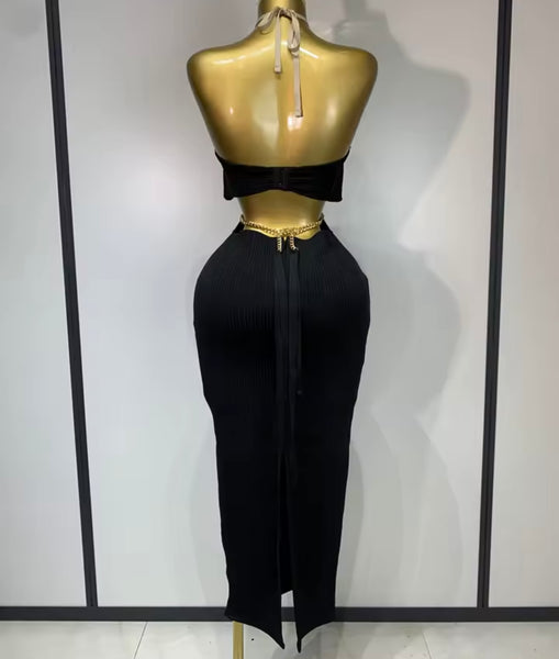 Women Black Halter Sleeveless Sexy Gold Chain Bandage Maxi Dress