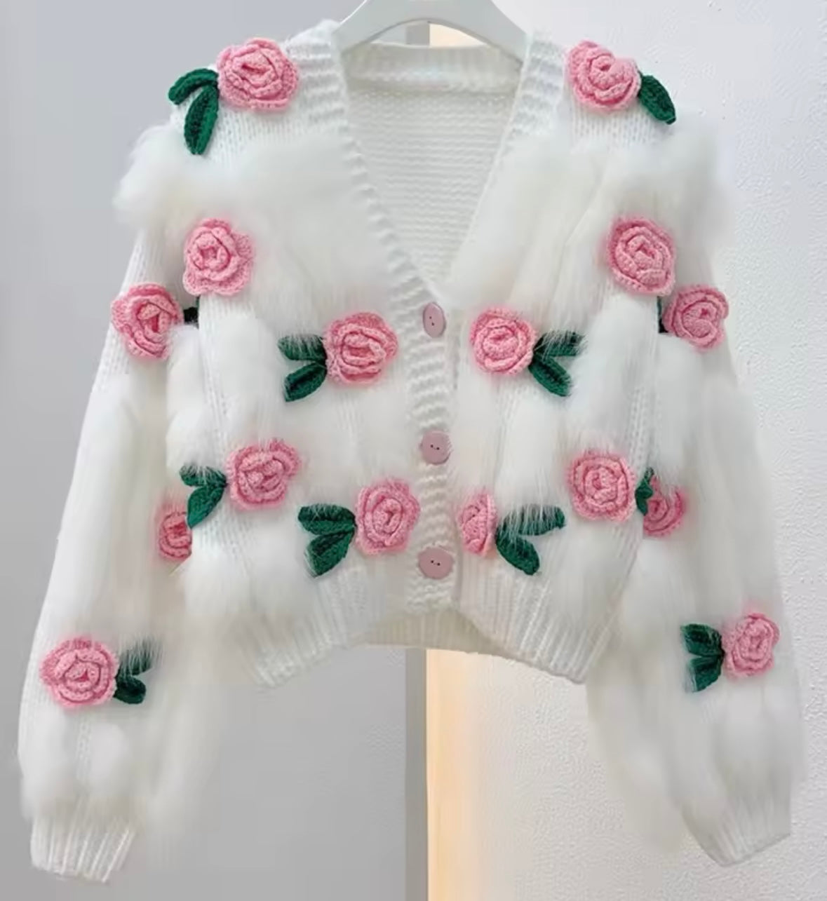 Women Fashion 3D Floral Furry Button Up Sweater Top