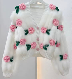 Women Fashion 3D Floral Furry Button Up Sweater Top