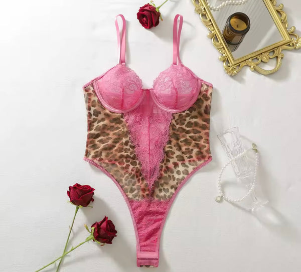 Women Sexy Sleeveless Pink Lace Leopard Bodysuit Lingerie