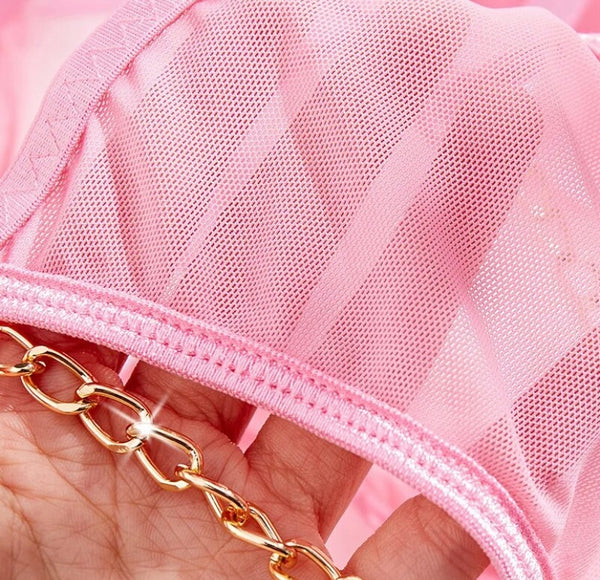 Women Sexy Pink Chain Mesh Lingerie Set