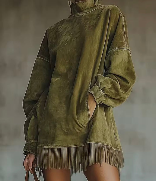 Women Fashion Suede Full Sleeve Fringe Tassel Dress