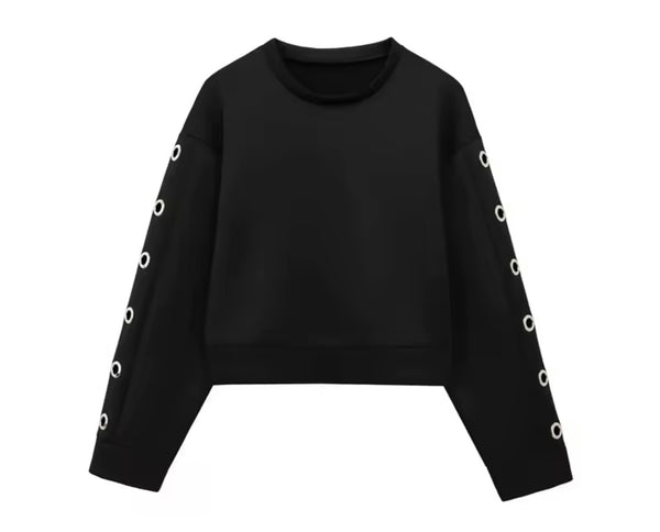 Women Fashion Black Metal Ring Two Piece Sweater Skirt Set